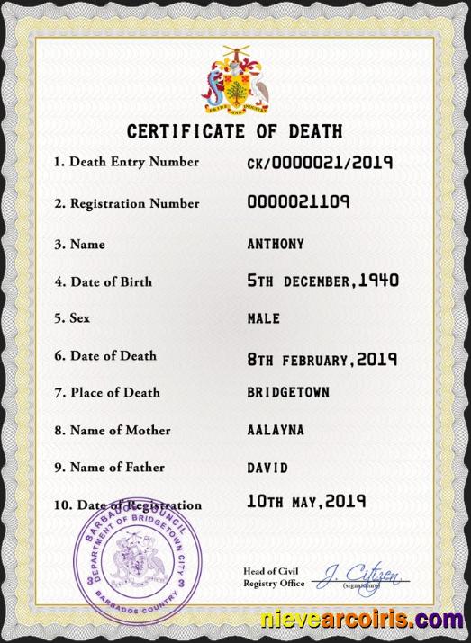 Barbados death certificate